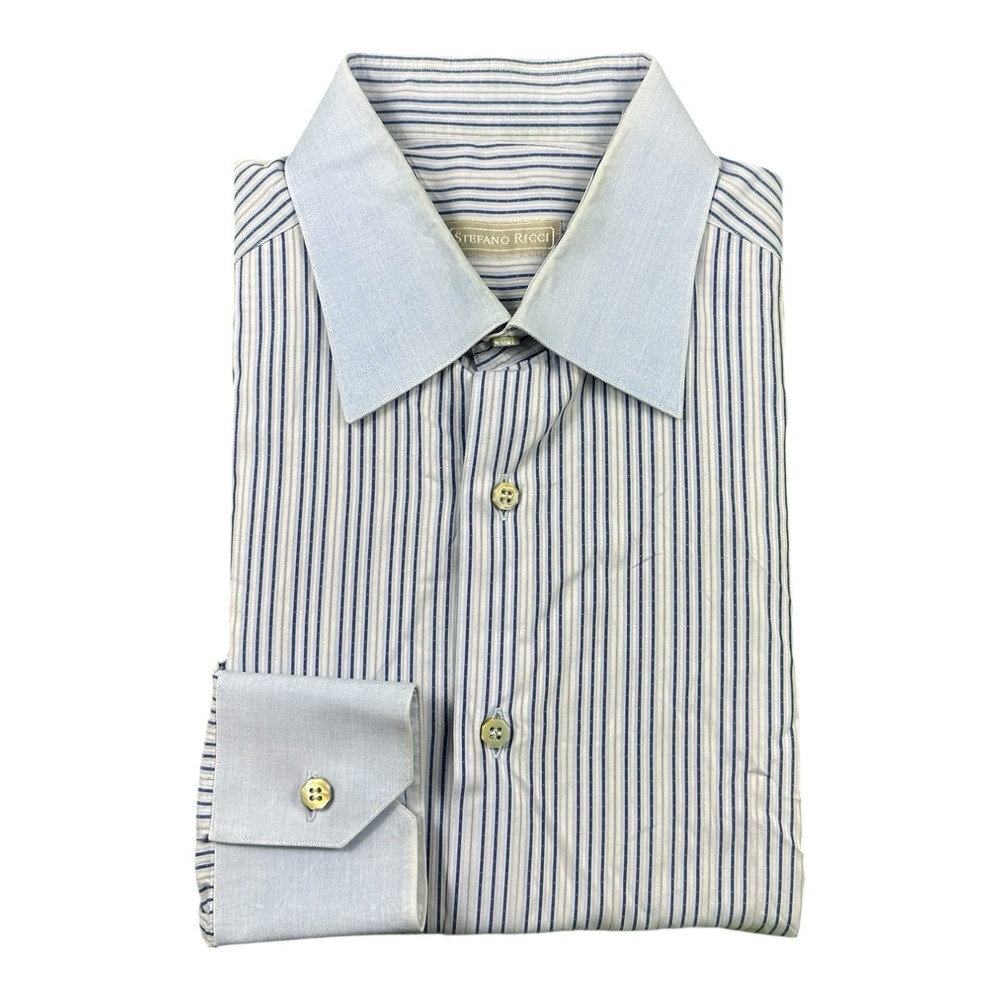Stefano Ricci Blue Striped Cotton Dress Shirt Mens 16.5 42 Contrast Collar Italy